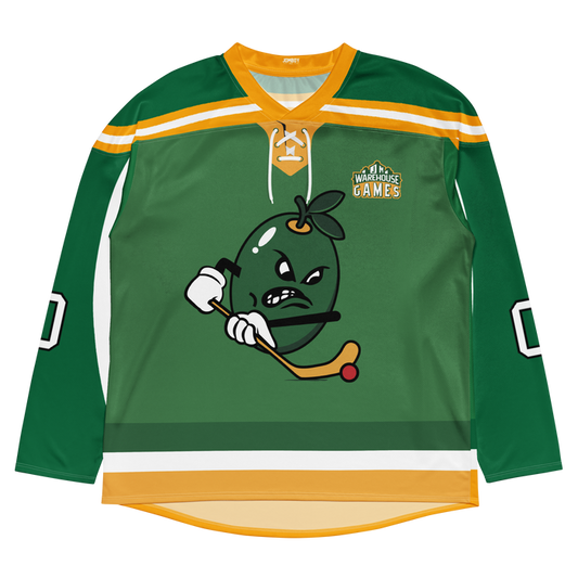 Green floorball jersey featuring a cartoon olive character with a hockey stick and the Warehouse Games logo.