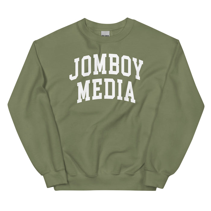 Olive green sweatshirt with bold white "JOMBOY MEDIA" text printed across the front, casual and comfortable style.
