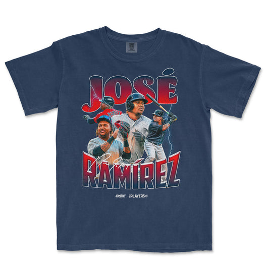 Navy Comfort Colors T-shirt featuring José Ramírez's signature series design with images of him playing baseball and bold red and white text.