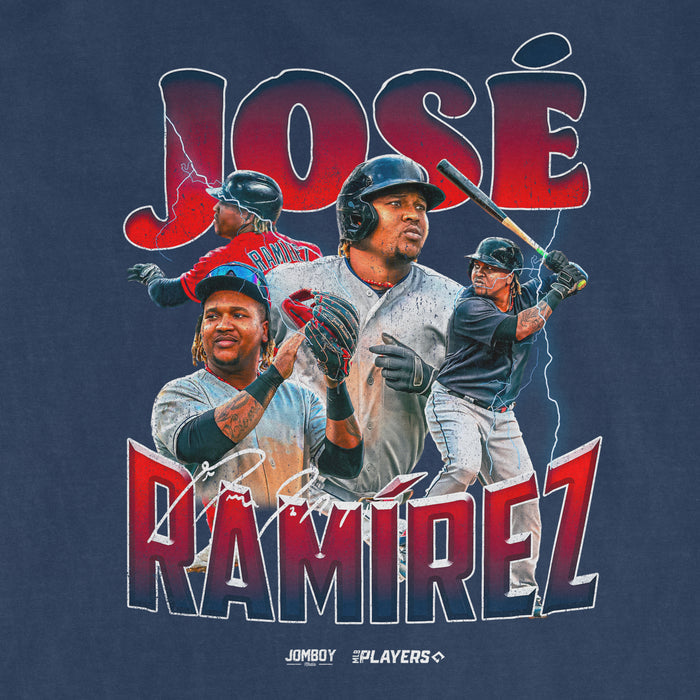 Close-up of a navy blue Comfort Colors T-shirt featuring multiple images of José Ramírez, with "José Ramírez" and "RamiRez" text in bold red and white.