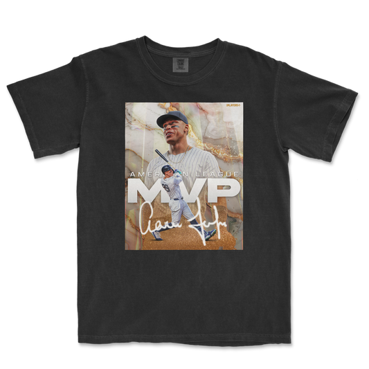 Black Comfort Colors T-shirt featuring a graphic design of a baseball player, "MVP" text, and an autograph, celebrating the American League.