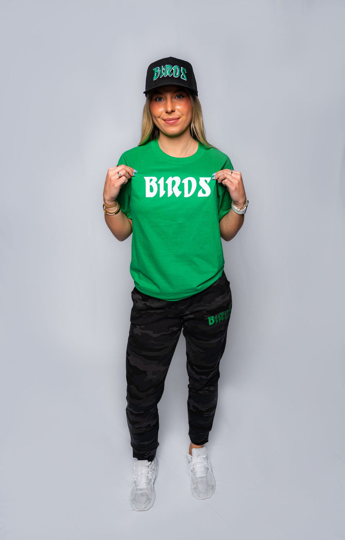 Kelly Green Retro Tee with Sewn-On BIRDS