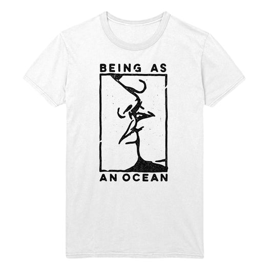 image of a white tee shirt on a white background. tee has full body print in black of a rectangle with a close up of two faces embracing in a kiss. being as is written on the top, an ocean written on the bottom.