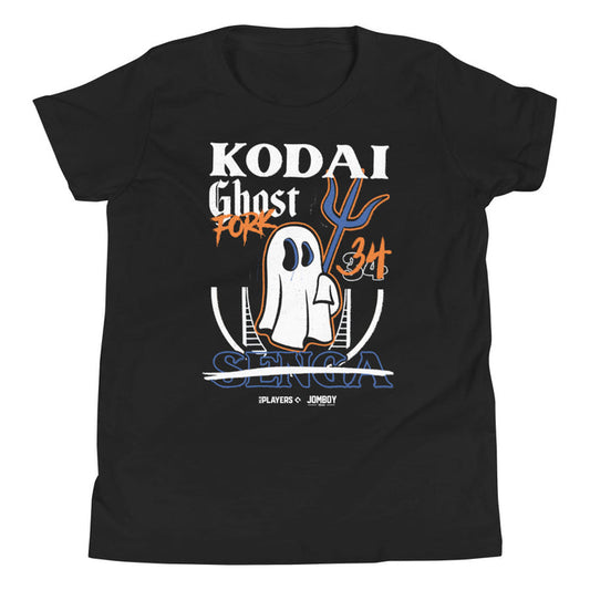 Black youth T-shirt featuring a graphic of Kodai Senga's Ghost Fork pitch, with stylized text and a cartoon ghost holding a pitchfork.