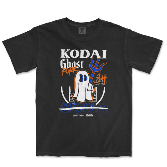 Black Comfort Colors T-shirt featuring a graphic design of Kodai Senga's Ghost Fork pitch, with text and a cartoon ghost illustration.