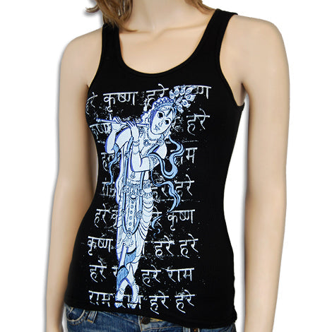 A woman wearing a Mantralogy black tank top with an artistic Lord Krishna flute graphic and white Sanskrit text in the background.
