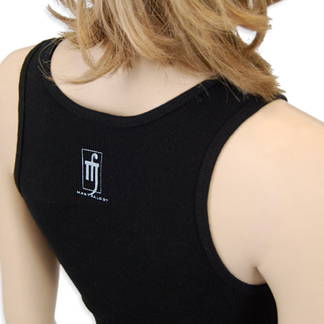 A person with light brown hair is shown from behind wearing a black sleeveless Mantralogy top featuring a small white logo and the text Mary Faludy on the upper back.