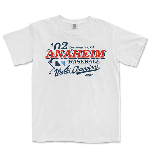 White Comfort Colors tee featuring vintage-style "Los Angeles, CA" and "Anaheim Baseball World Champions" graphic design.
