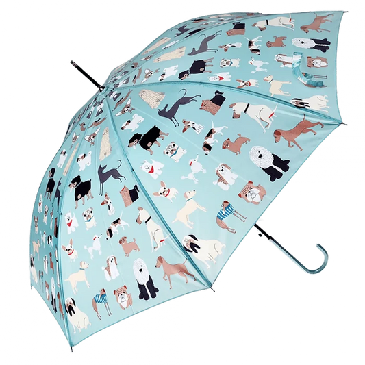 ladies walking umbrella with best in show dog pattern and crook shape handle