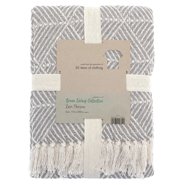 Grey and natural colour large Zen Throw blanket with tassel fringe and made from the equivalent of 50 items of clothing
