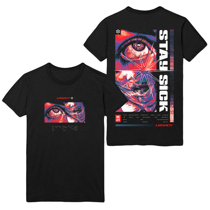 Stay Sick Clothings Legacy Black T-Shirt showcases a cyberpunk purple-and-red eye graphic on both sides, with STAY SICK boldly printed on the back amid digital glitch effects.