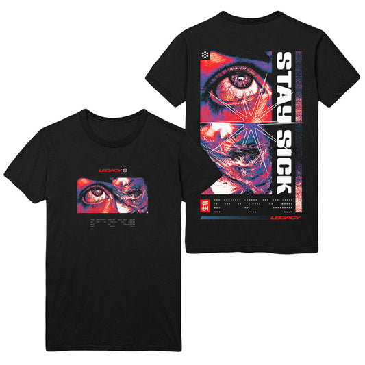 Stay Sick Clothings Legacy Black T-Shirt showcases a cyberpunk purple-and-red eye graphic on both sides, with STAY SICK boldly printed on the back amid digital glitch effects.