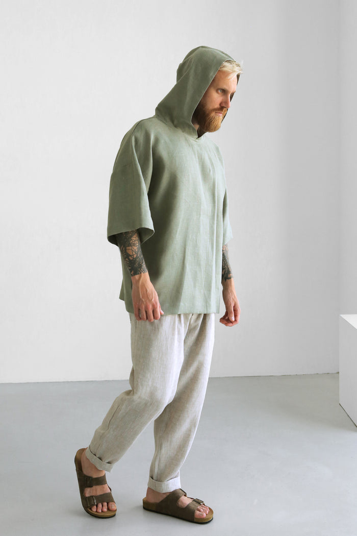 Linen Hooded T-shirt SHOBU in Olive