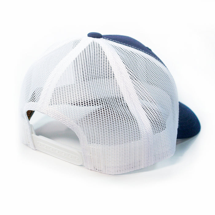 A blue and white retro trucker hat by Wisdom of the Sages, shown from the back, features a mesh back panel and an adjustable snapback closure.