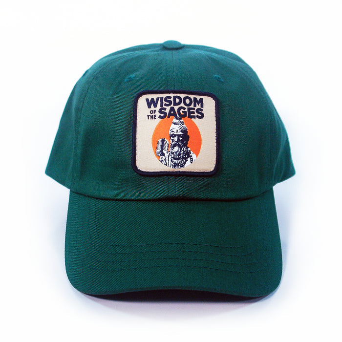 Wisdom of the Sages dark green Dad Hat made of 100% cotton chino twill, featuring a front patch with a sage illustration and WISDOM OF THE SAGES on a beige and orange background.