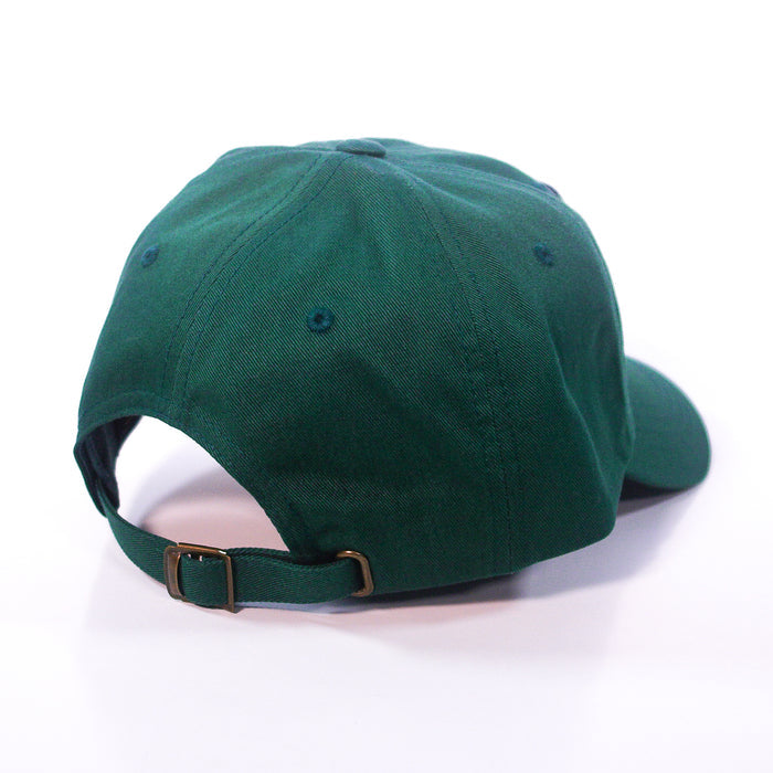 A green Wisdom of the Sages Dad Hat made from 100% cotton chino twill is shown from the back, featuring a curved brim and an adjustable strap with metal buckle, set against a white background.