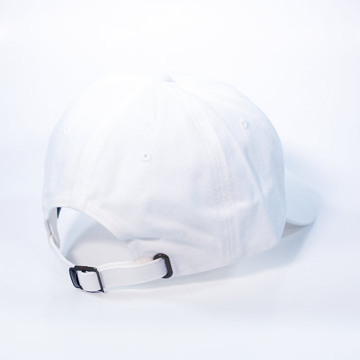 A plain white Dad hat by Wisdom of the Sages, made from chino twill, is shown from the back with an adjustable strap and metal buckle closure against a white background.