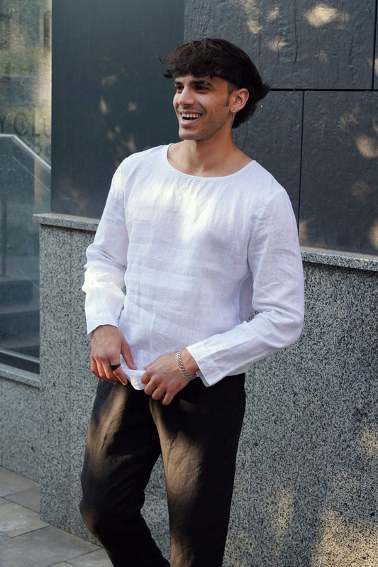 Long Sleeve Linen T-Shirt BIRCH in White