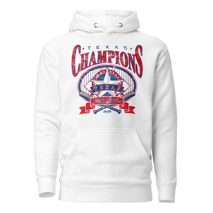 White premium cotton hoodie featuring a bold red, blue, and white Texas Champions graphic with stars, a star emblem, and "Est. 1972" text.