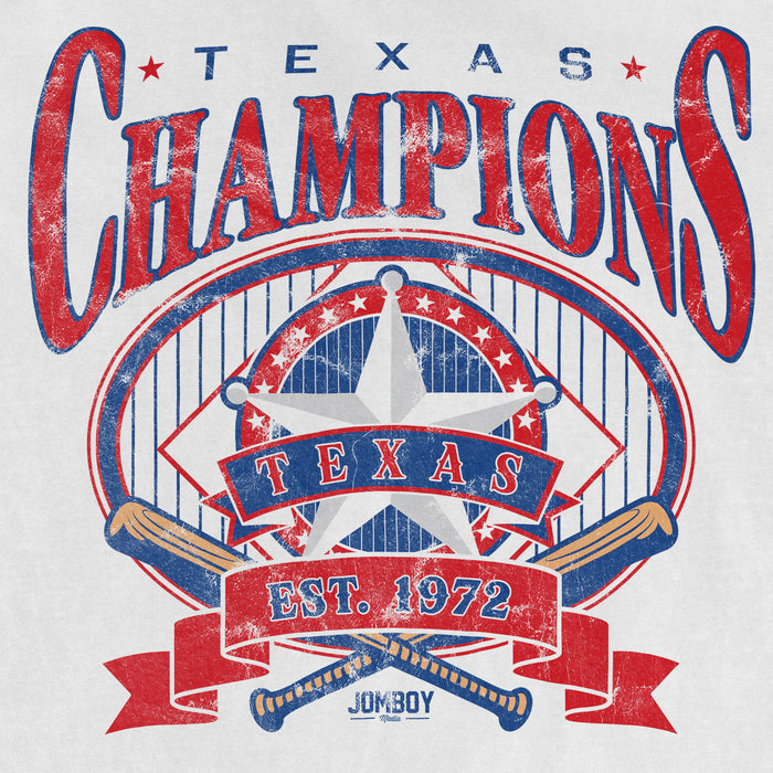Long Time Comin' Texas Champion T-shirt featuring a vintage-style design with a star, banner, and crossed baseball bats in red, white, and blue.