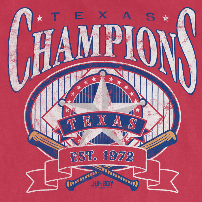 Red Comfort Colors tee featuring a vintage-style Texas champion graphic with stars, a badge, and crossed baseball bats.