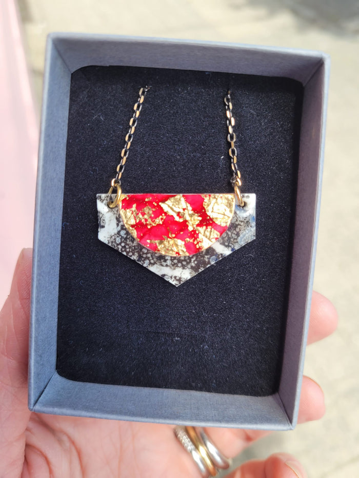 Lorette batik textile necklace in charcoal/gold/red