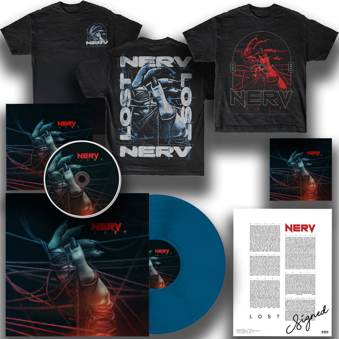 Nerv “LOST” merch bundle: 2 T-shirts, LOST! blue vinyl, CD, album art (gloved hands & wires), lyric booklet, signed letter, and full album digital download.