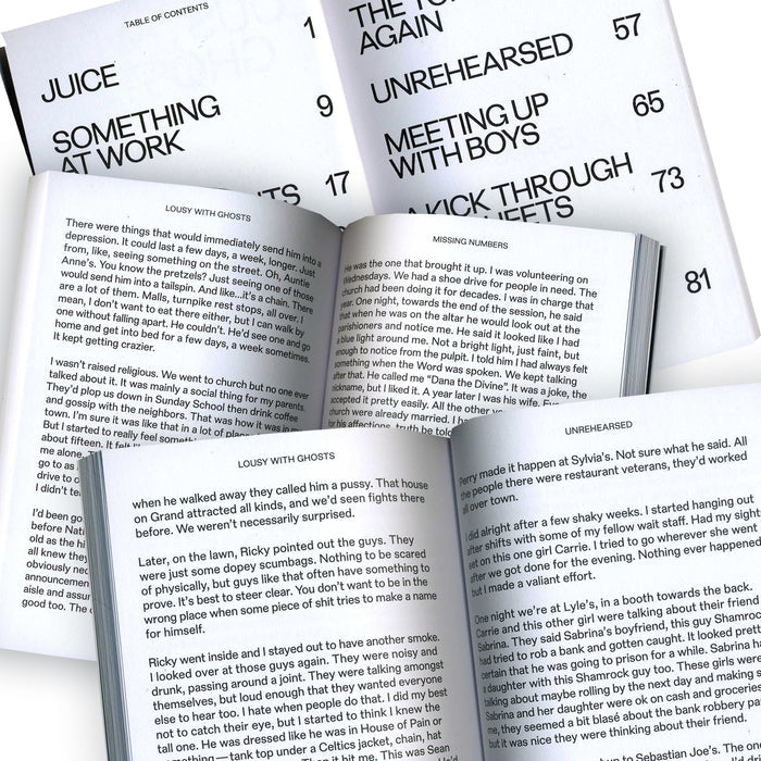 Four open books overlap, revealing black text on white pages. Two pages list the table of contents with titles and page numbers; others show Craig Finns narrative fiction passages, including headings like LOUSY WITH GHOSTS and UNREHEARSED. Brand: Craig Finn.