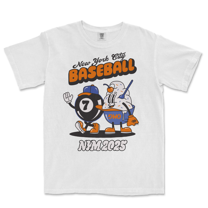 White Comfort Colors T-shirt featuring a cartoon baseball and magic 8 ball character with "New York City Baseball" text and "2023" at the bottom.