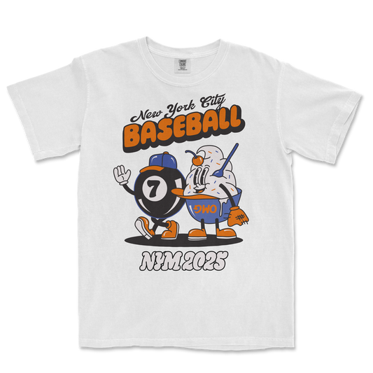 White Comfort Colors T-shirt featuring a cartoon baseball and magic 8 ball character with "New York City Baseball" text and "2023" at the bottom.