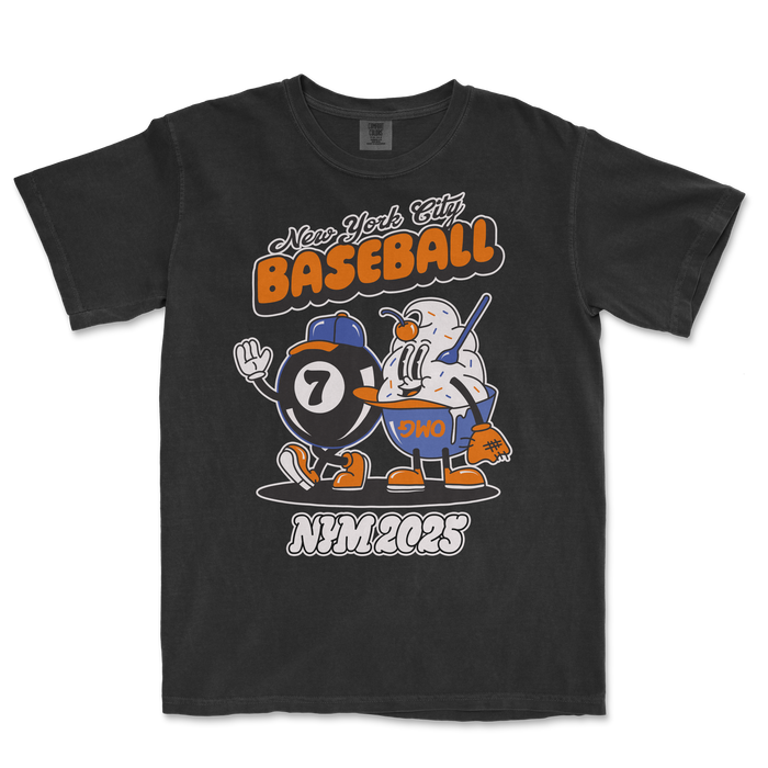 Black Comfort Colors T-shirt featuring a vintage-style graphic of a magic 7 ball and ice cream character with baseball gloves, with "New York City Baseball" text.