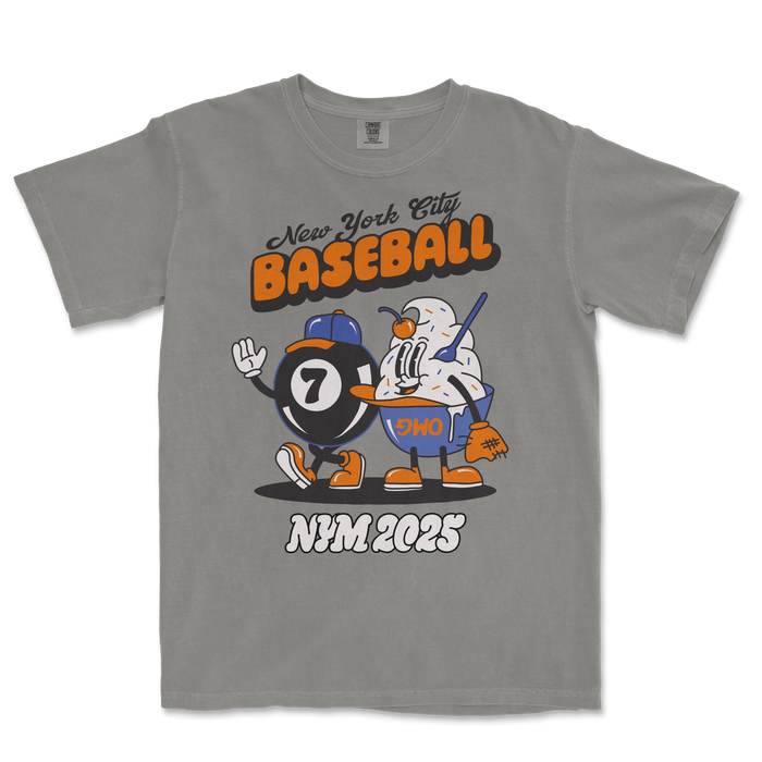 Gray Comfort Colors T-shirt featuring a cartoon baseball and magic 8 ball character with "New York City Baseball" and "2025" text.