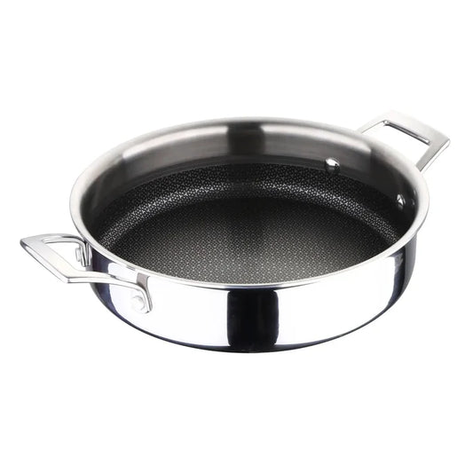 Polshed steel shallow casserole pot with handles and black non-stick interior