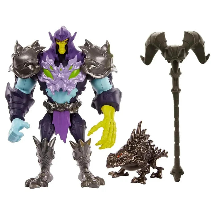 Skeletor action figure with horned staff and dinosaur creature
