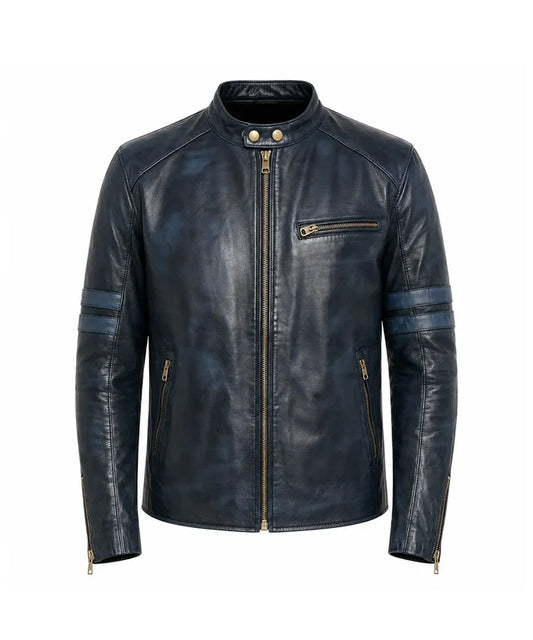 Men’s Black Cafe Racer Leather Jacket – Slim Fit Genuine Leather