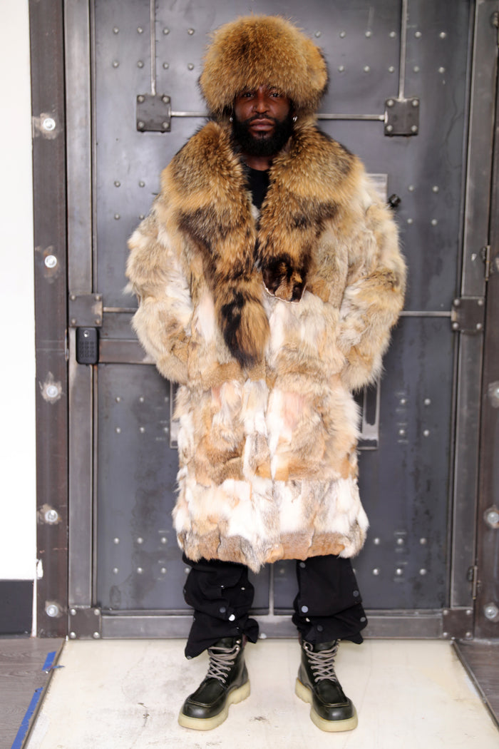 Men's Full-Length Coyote Sections Coat with Raccoon Shaw Collar