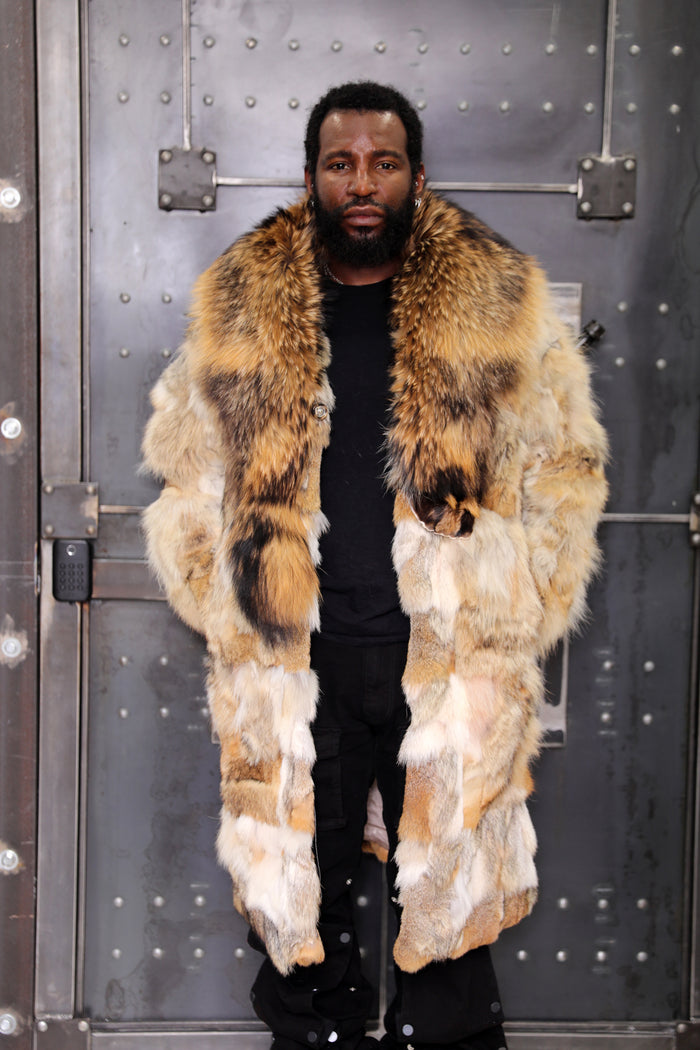 Men's Full-Length Coyote Sections Coat with Raccoon Shaw Collar