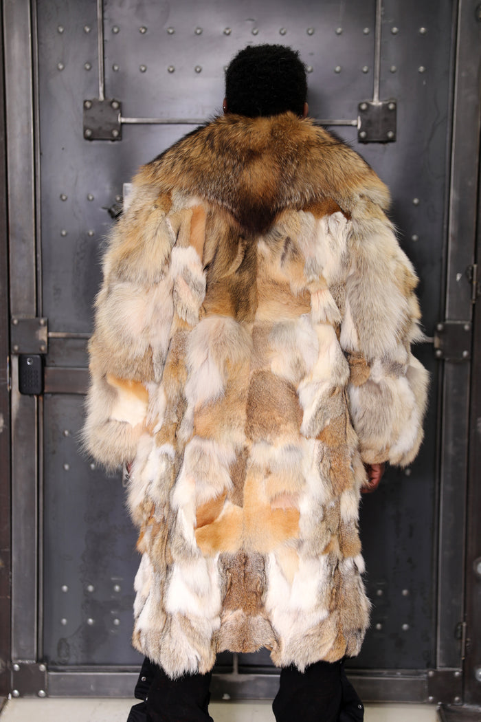 Men's Full-Length Coyote Sections Coat with Raccoon Shaw Collar