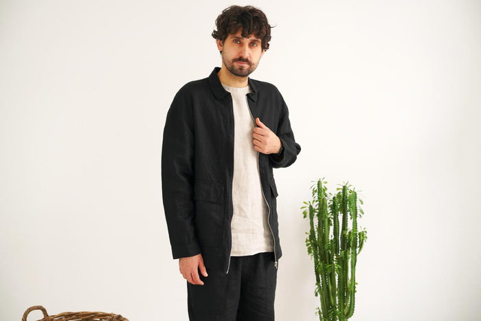Men’s Linen Bomber Jacket BERGAMOT in Black