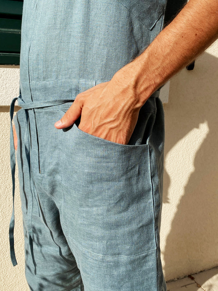Mens Linen Jumpsuit PALO SANTO in Blue grey