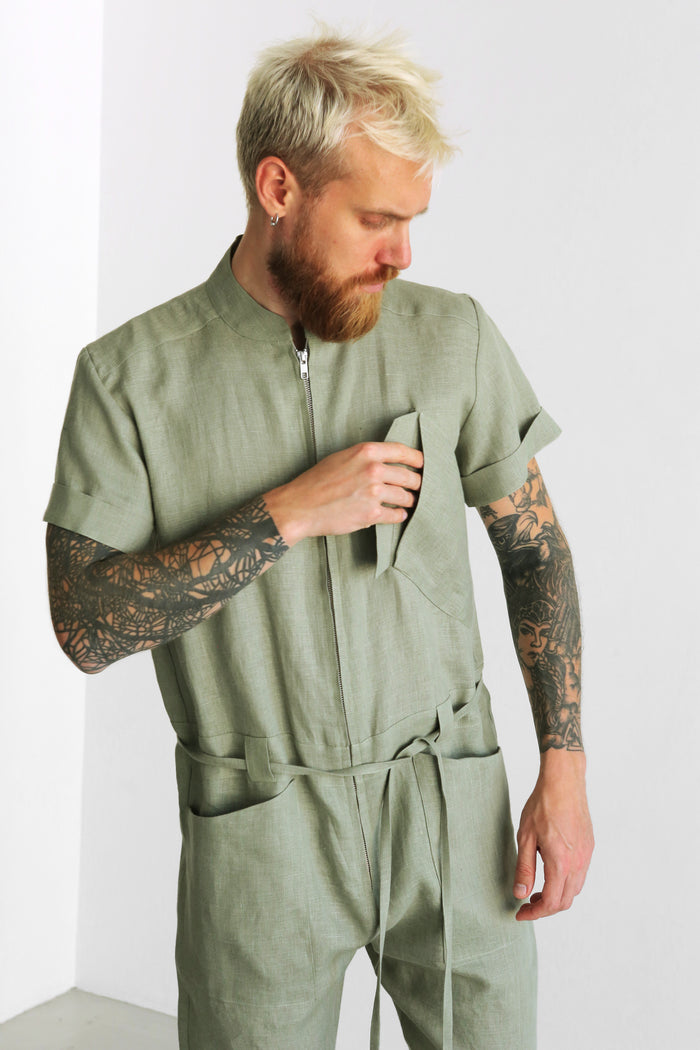 Mens Linen Jumpsuit PALO SANTO Short Sleeve in Olive