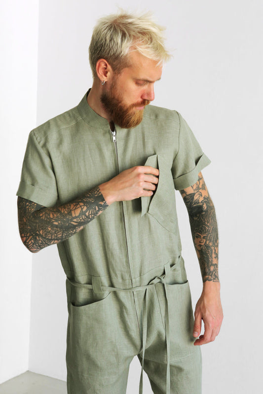 Mens Linen Jumpsuit PALO SANTO Short Sleeve in Olive