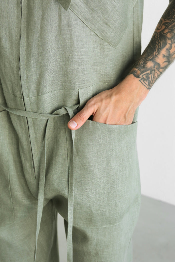 Mens Linen Jumpsuit PALO SANTO Short Sleeve in Olive