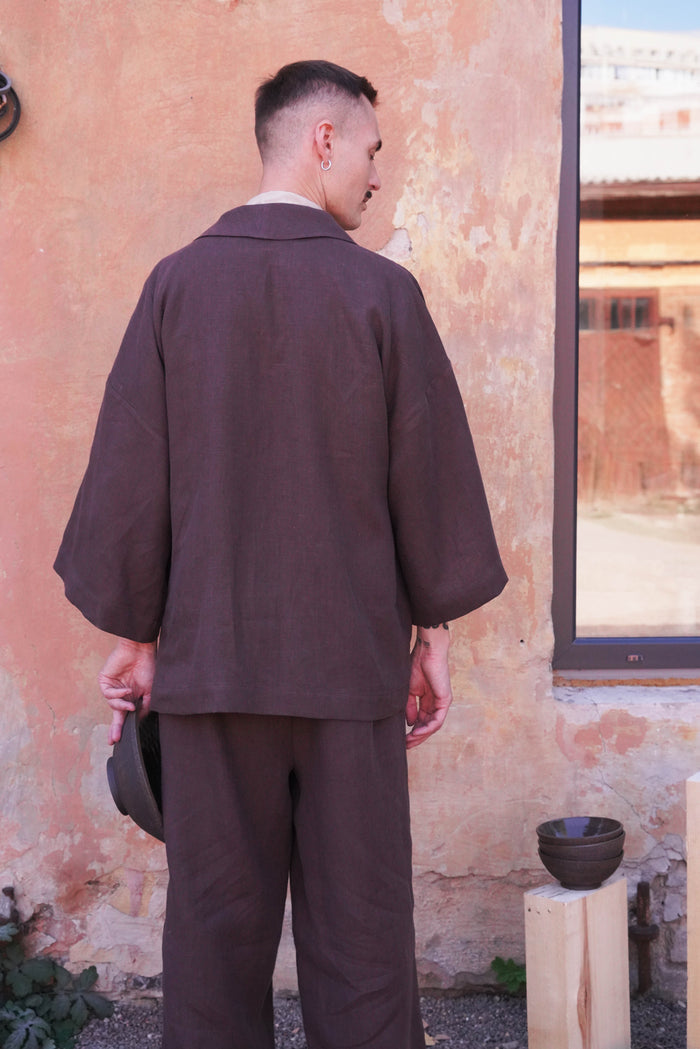 Mens Linen Kimono Jacket SAKURA in Brown