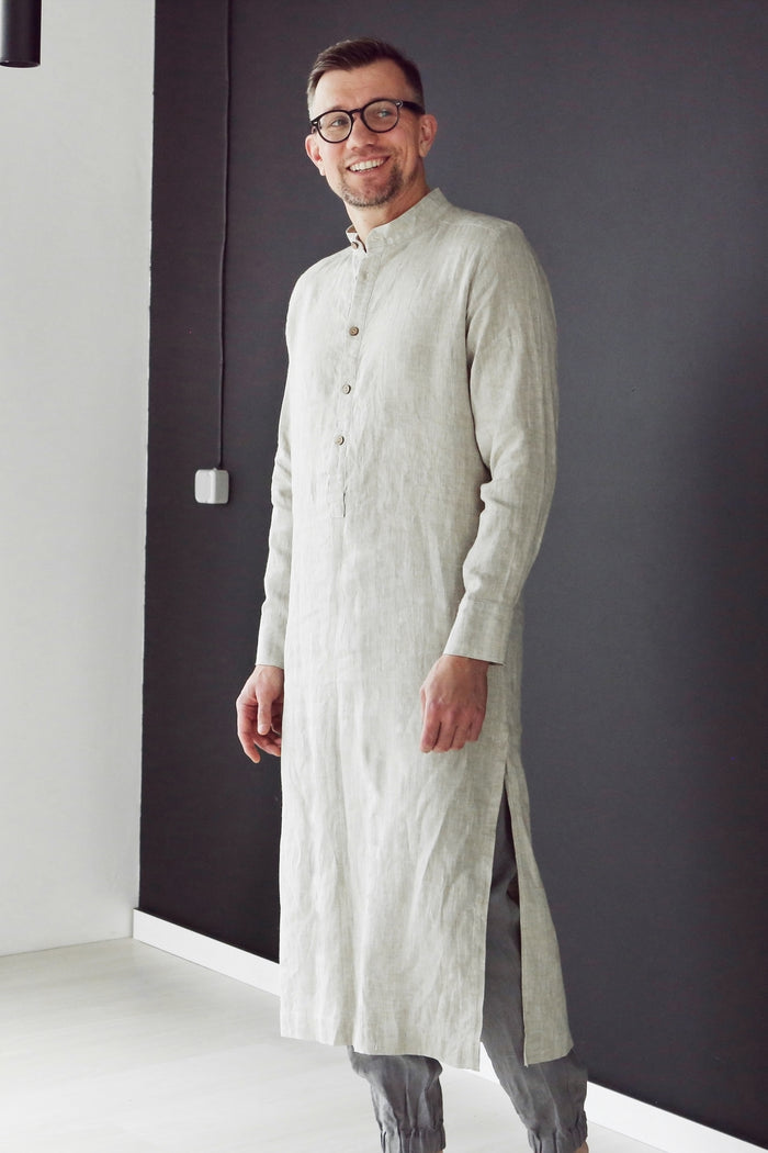 Men’s Long Linen Shirt, Kaftan CYPRESS in Beige