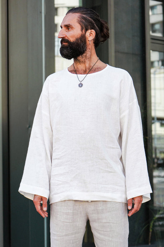 Men’s oversized linen sweatshirt with wide sleeves ACACIA in Cream