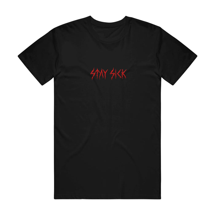 Stay Sick Clothing black T-shirt featuring STAY SICK in jagged red lettering across the chest—a bold, metal-inspired look for hardcore fans.