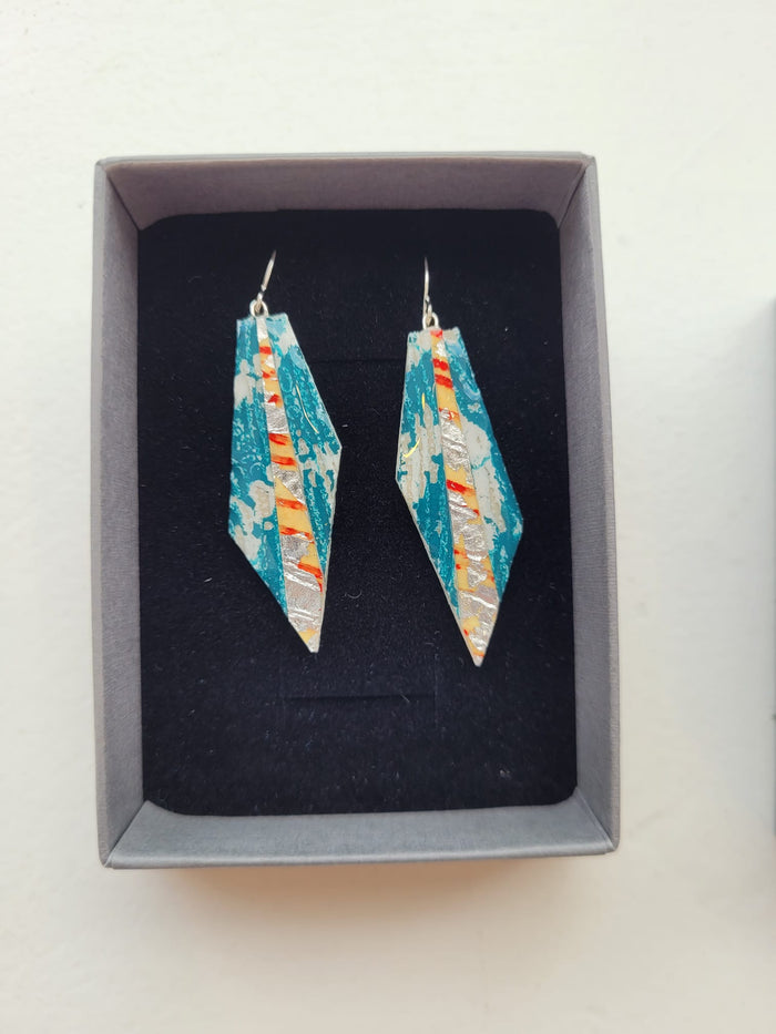 Mini Beulah batik textile earrings Green, Silver, Red