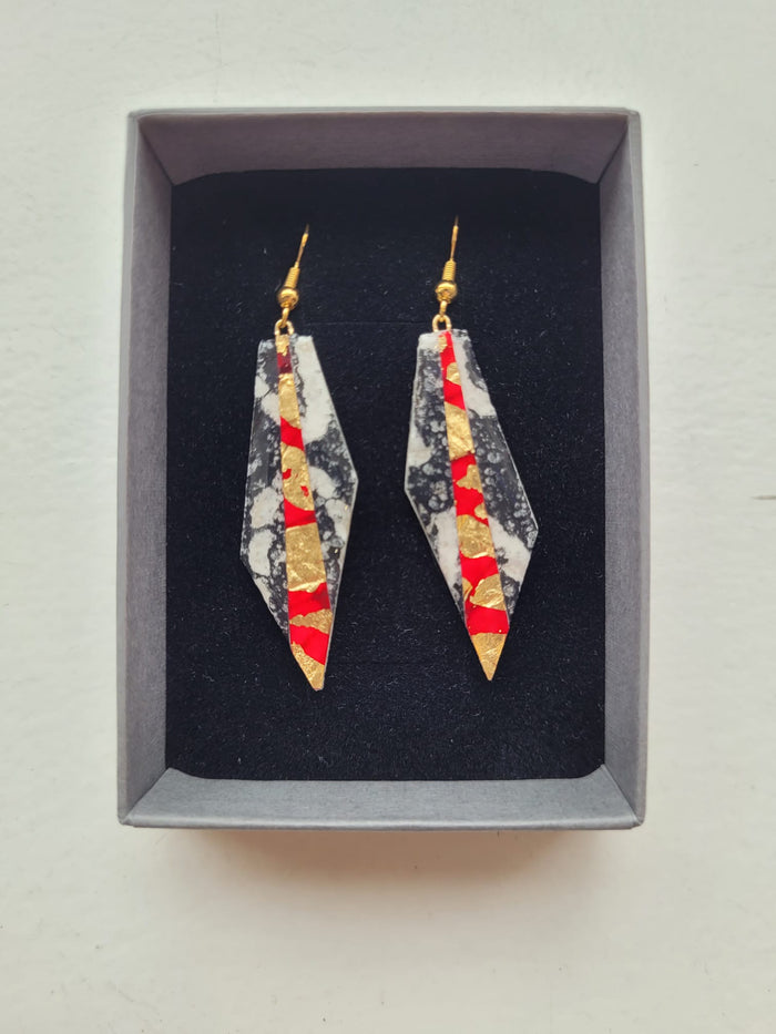Mini Beulah batik textile earrings in charcoal/red/gold