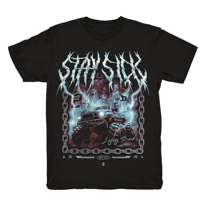 Black Stay Sick Clothing t-shirt made from high-quality Comfort Colors, with STAY SICK in jagged white letters above an off-road vehicle with red and blue lightning, metal chains, 24, and Legacy Brandscript.